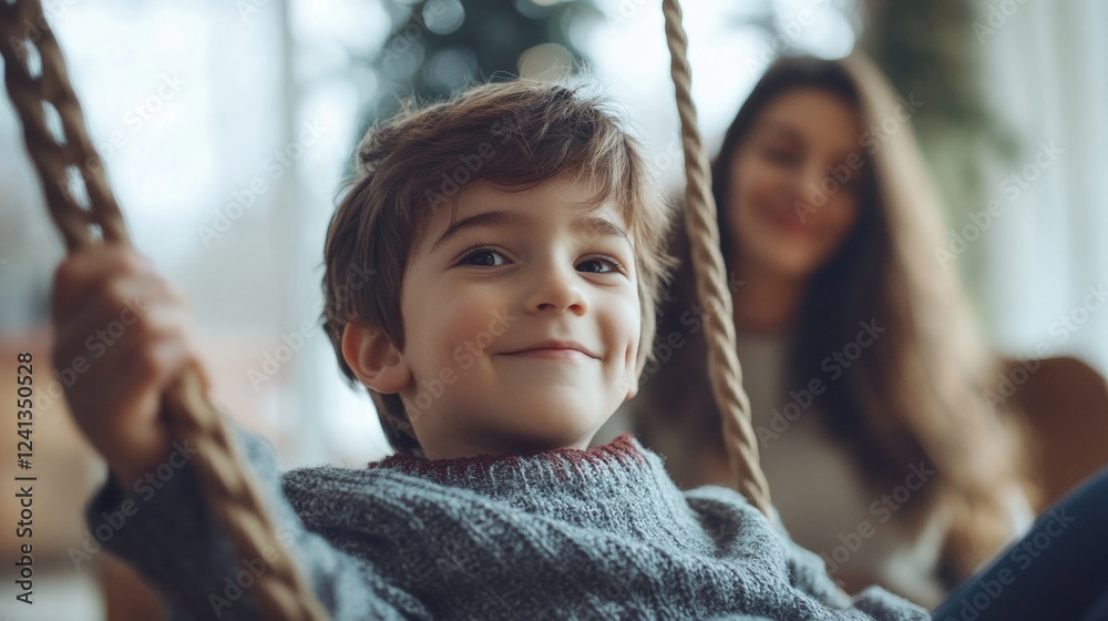 Joyful young boy swinging at home in a cozy living room, with warm lighting, smiling at the camera while mother sits in the background. Joyful young boy swinging at home in a cozy living room, with warm lighting, smiling at the camera while mother sits in the background.