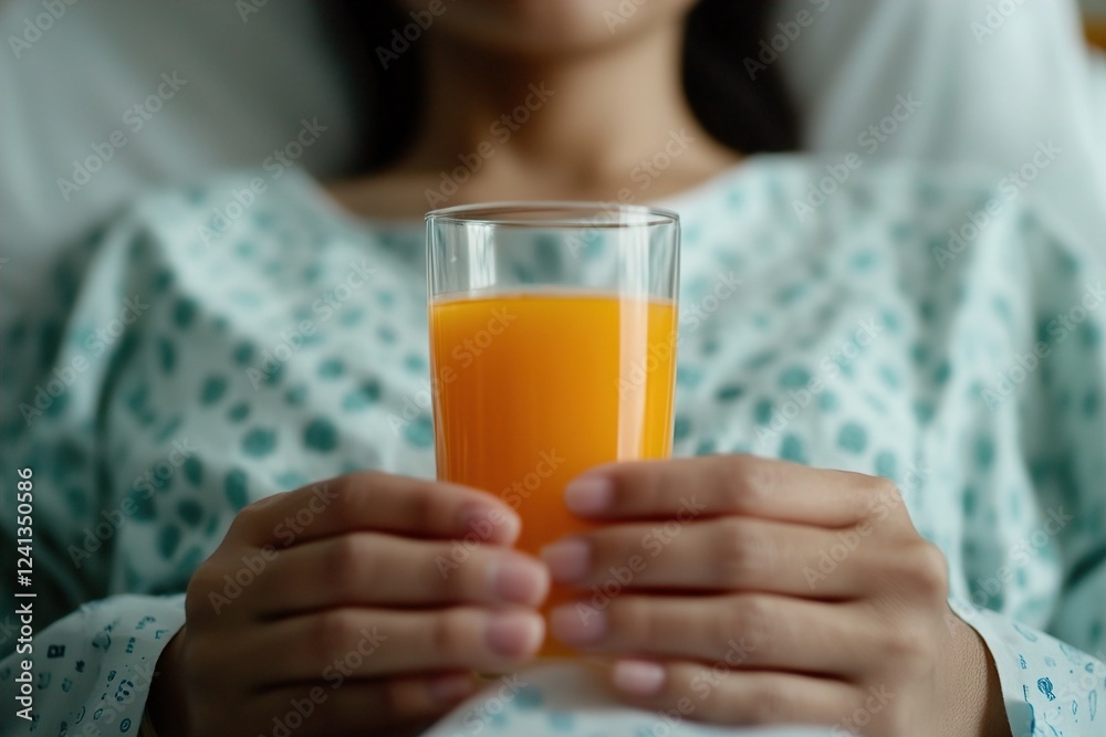 Female patient in a hospital gown holding a glass of orange juice, conveying a sense of refreshment and recovery. Restorative Pause, Rest and Recovery Female patient in a hospital gown holding a glass of orange juice, conveying a sense of refreshment and recovery. Restorative Pause, Rest and Recovery