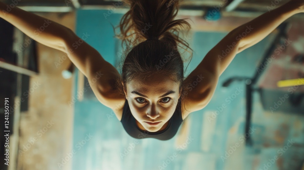 Fototapeta premium Active young woman performing gymnastics on apparatus in a vibrant gym setting with a focused expression and dynamic posture showcasing strength.