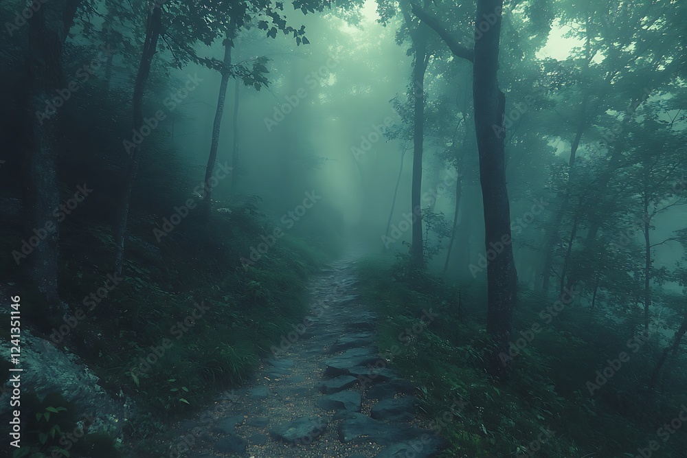 Obraz premium Foggy Forest Path Winding Through Ancient Trees