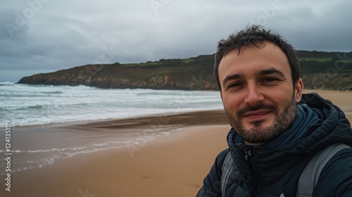 Cheerful man in casual attire smiling on sandy beach with overcast sky and gentle surf waves crashing on shore near green hills. photo