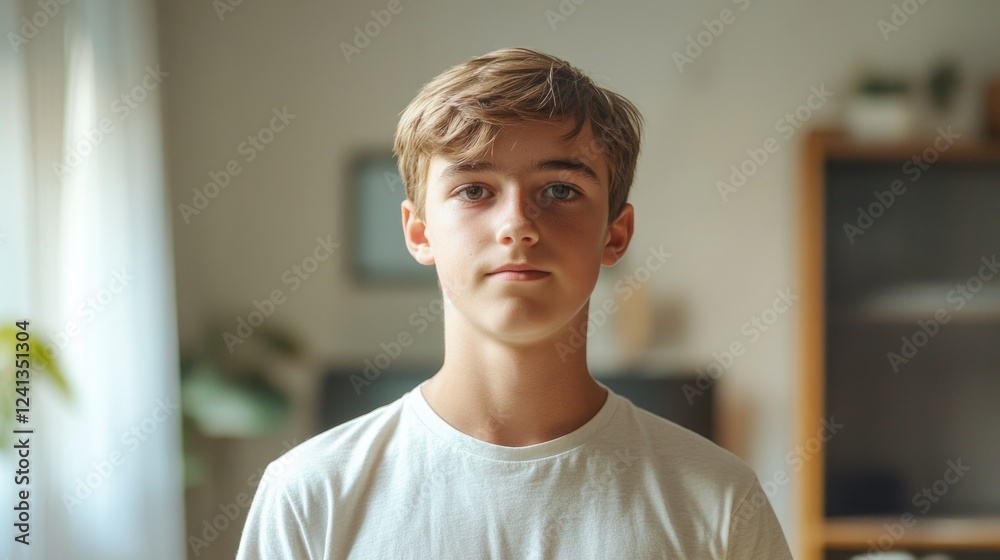 Fototapeta premium Candid portrait of a thoughtful 14-year-old Caucasian teenage boy with short blonde hair standing indoors in a bright home environment.