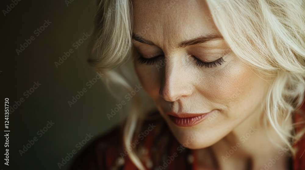 Close-up portrait of mature woman with blonde hair and soft features, looking down with serene expression against a muted background, capturing elegance and tranquility. Close-up portrait of mature woman with blonde hair and soft features, looking down with serene expression against a muted background, capturing elegance and tranquility.