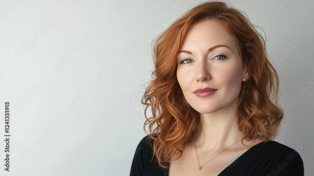 Confident young woman with wavy auburn hair wearing a black top, posed against a soft white background, expressing a thoughtful demeanor. Confident young woman with wavy auburn hair wearing a black top, posed against a soft white background, expressing a thoughtful demeanor.