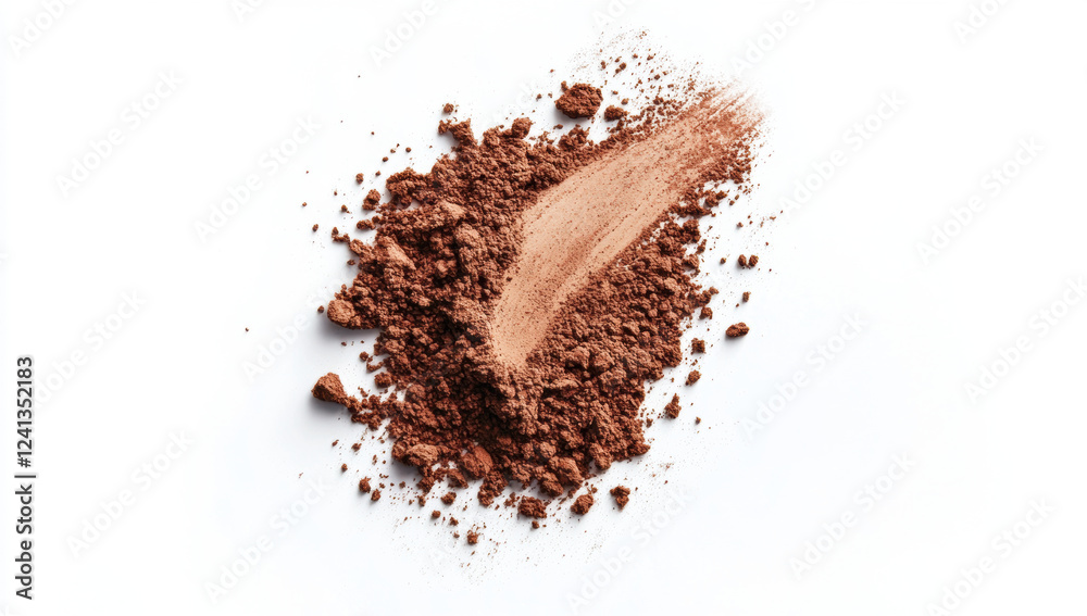 Rich brown powder scattered on white surface, showcasing its texture and color. This versatile ingredient can be used in various culinary and cosmetic applications Rich brown powder scattered on white surface, showcasing its texture and color. This versatile ingredient can be used in various culinary and cosmetic applications