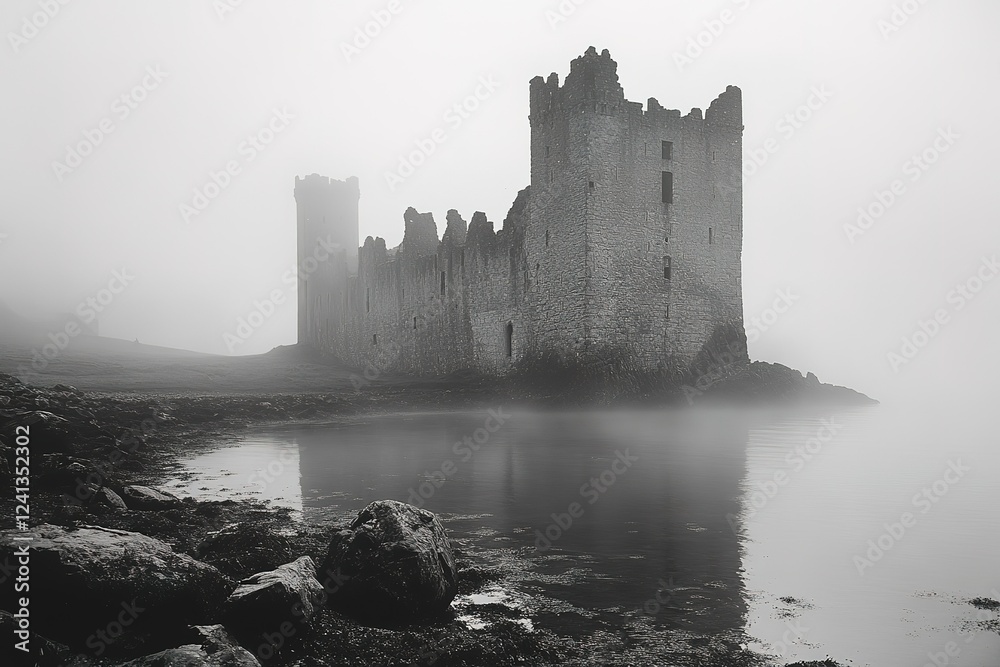 Misty ruins of a coastal castle shrouded in fog reflected in still waters Misty ruins of a coastal castle shrouded in fog reflected in still waters