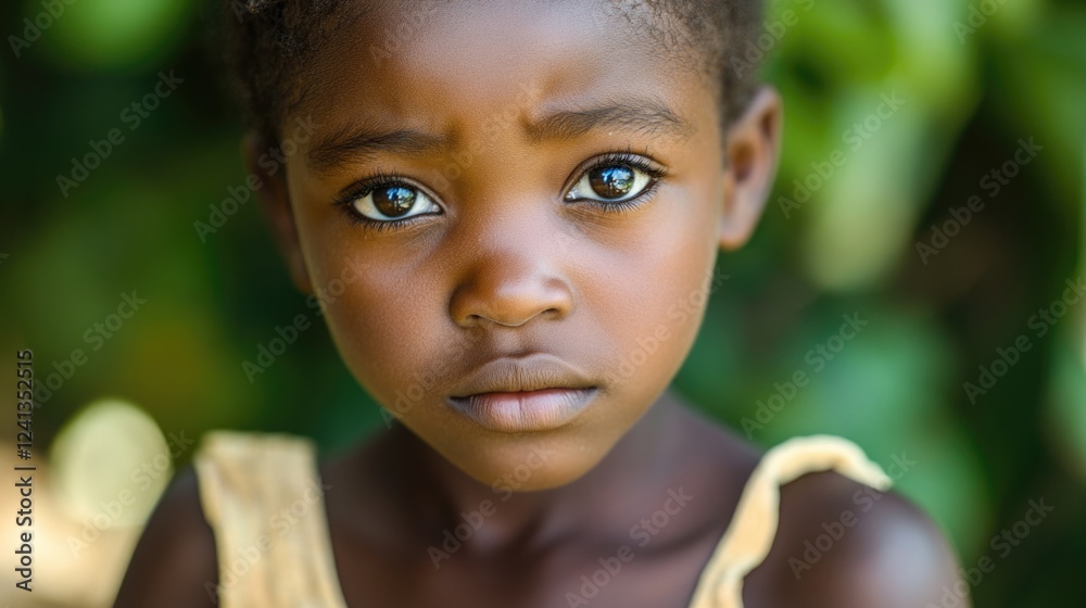 Serious African girl with expressive eyes gazing directly at the camera amidst lush green foliage, capturing a profound emotional moment in natural light. Serious African girl with expressive eyes gazing directly at the camera amidst lush green foliage, capturing a profound emotional moment in natural light.