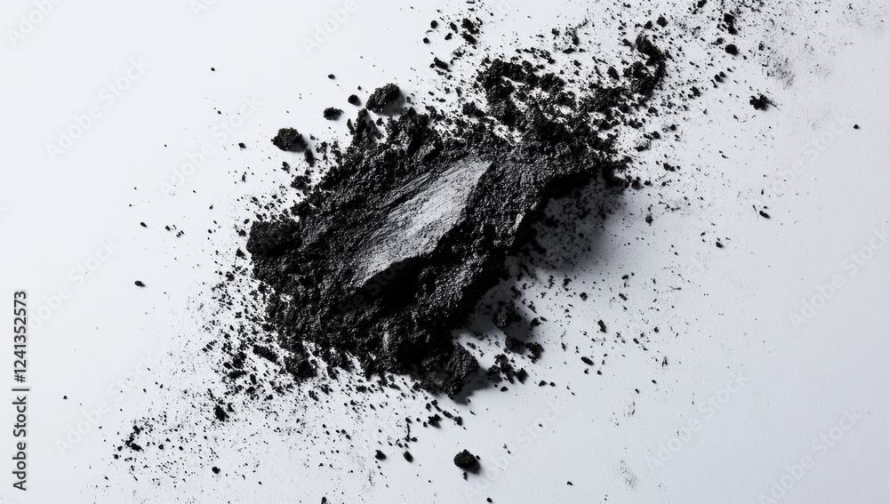 Black powder scattered on white surface, creating abstract texture. contrast highlights fine details and shapes of material, evoking sense of depth and intrigue Black powder scattered on white surface, creating abstract texture. contrast highlights fine details and shapes of material, evoking sense of depth and intrigue