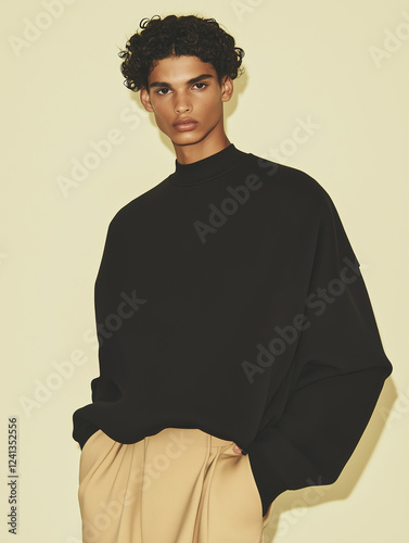 Male fashion concept. Portrait of handsome south american young male model wearing designer clothes and posing on beige background. Catalogue, campaign style. Studio shot