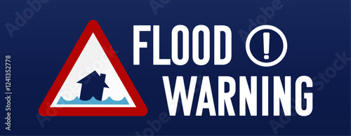 Flood warning. Vector illustration with triangle, exclamation mark and text. Weather concept.
