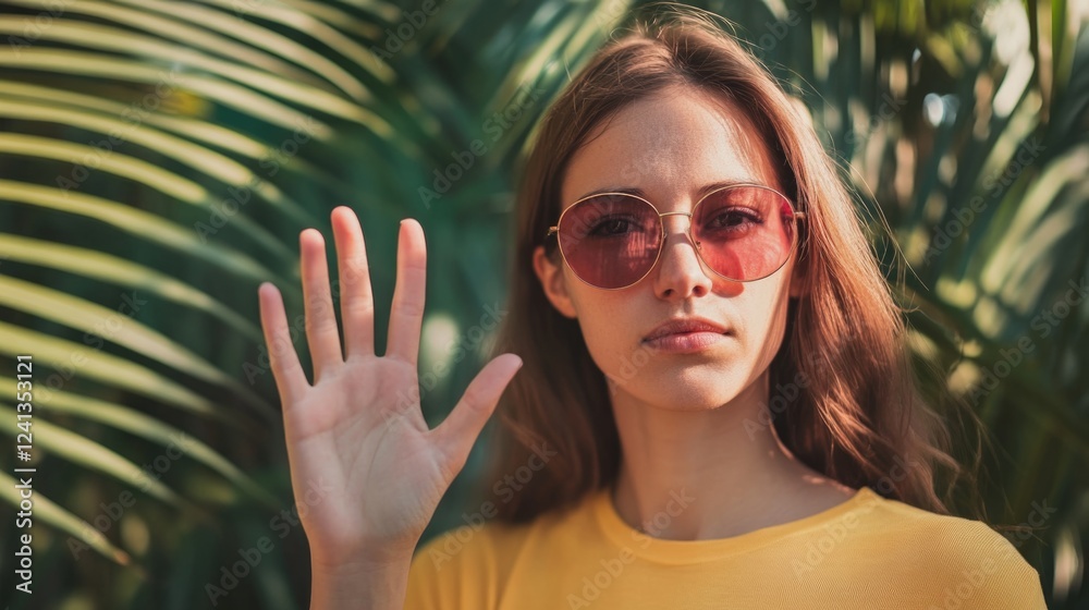 Young woman with long hair and sunglasses showing stop gesture against lush green palm leaves in sunny outdoor setting, vibrant colors in summer atmosphere. Young woman with long hair and sunglasses showing stop gesture against lush green palm leaves in sunny outdoor setting, vibrant colors in summer atmosphere.