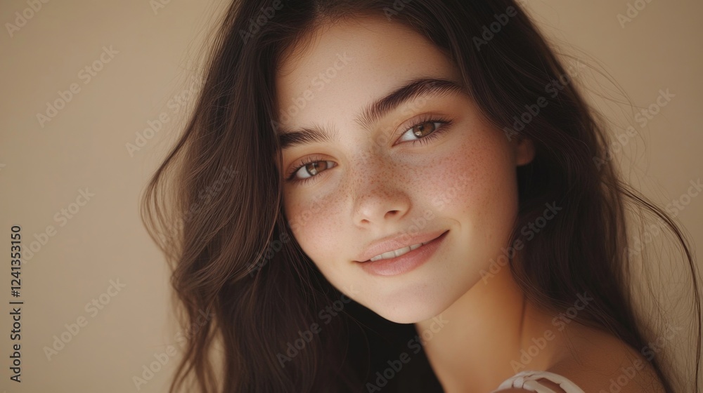 Naklejka premium Young brunette woman with radiant skin smiling on beige background showcasing beauty care and spa treatment in a professional portrait session
