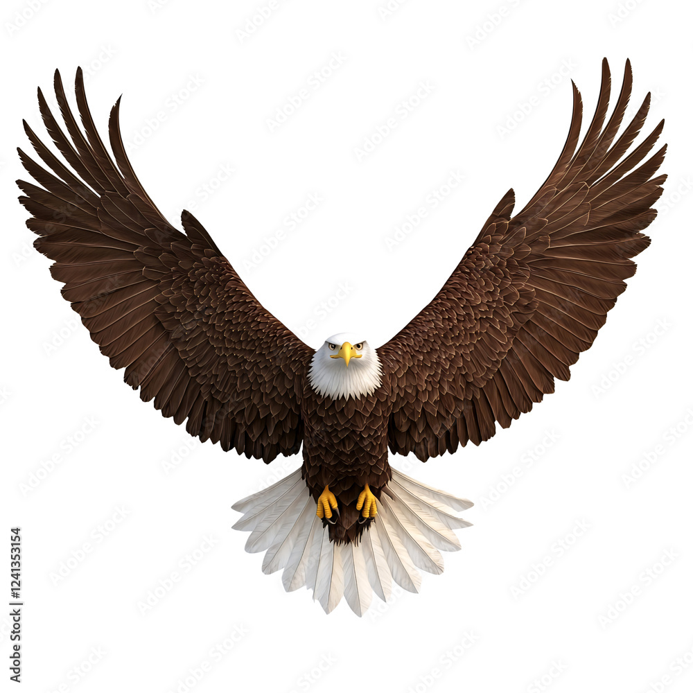 Fototapeta premium Majestic bald eagle in flight, wings spread wide, against black background; wildlife, nature, freedom isolated on transparent or white background. Generative ai