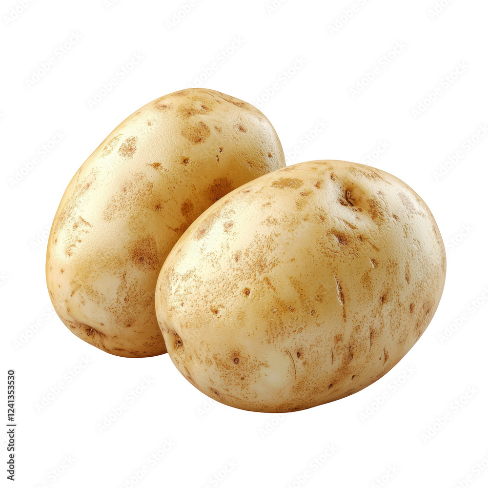 Two raw, unpeeled potatoes with a rough, speckled skin, showcasing their natural shape and earthy texture. Two raw, unpeeled potatoes with a rough, speckled skin, showcasing their natural shape and earthy texture.