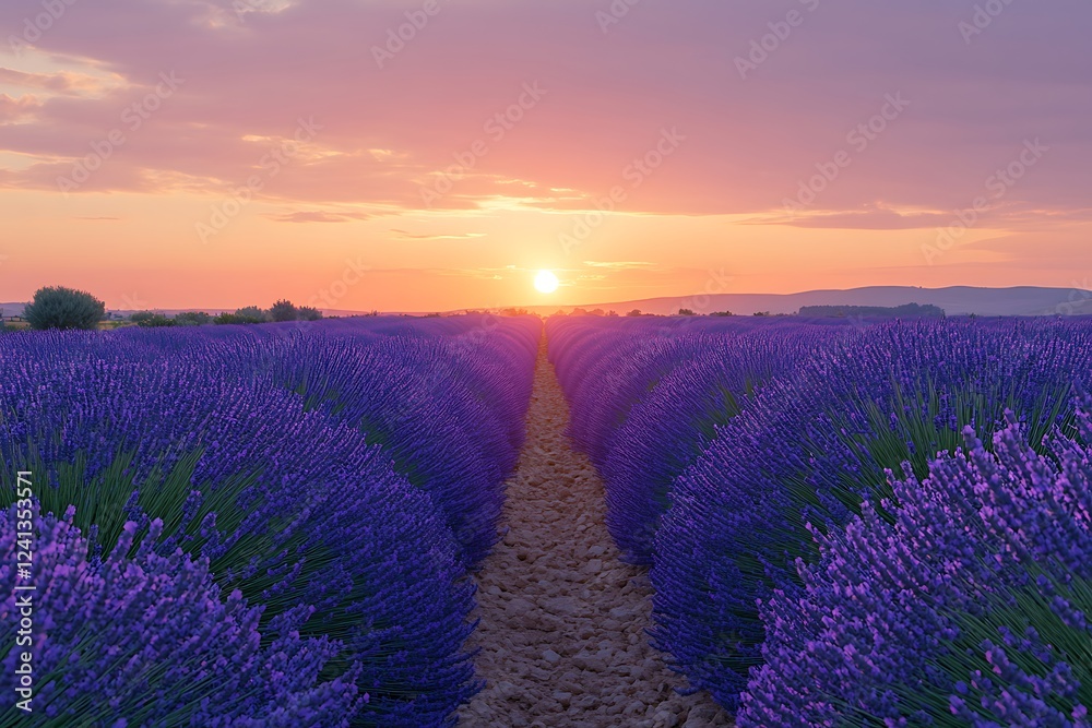 Naklejka premium Lavender Field Sunset Scenic Rows Of Purple Flowers