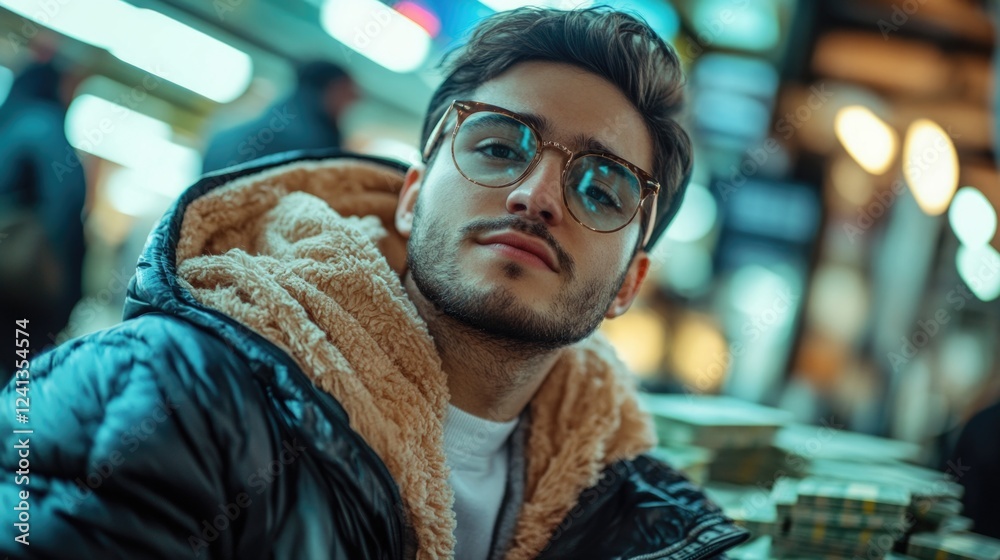 Fototapeta premium Trendy young man in a stylish black puffy jacket and glasses confidently poses against a blurred urban background with money, exuding a cool vibe.