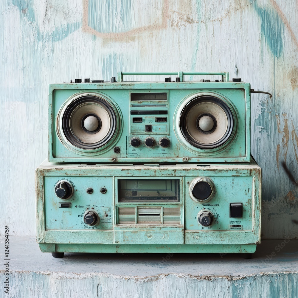 Fototapeta premium Vintage turquoise boombox with retro design and worn-out features