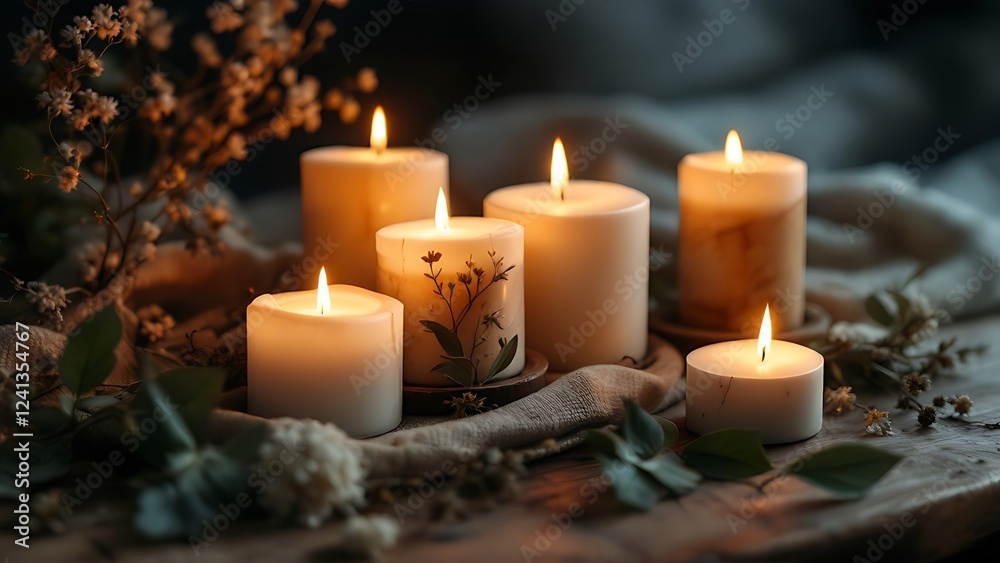 A warm and inviting scene featuring an arrangement of various candles with flickering flames, surrounded by decorative elements like dried flowers and greenery. A warm and inviting scene featuring an arrangement of various candles with flickering flames, surrounded by decorative elements like dried flowers and greenery.