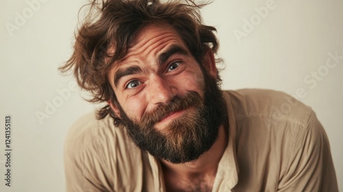 playful young man with wild curly hair and full beard wearing a beige shirt and black hat showcasing a proud expression against a light background