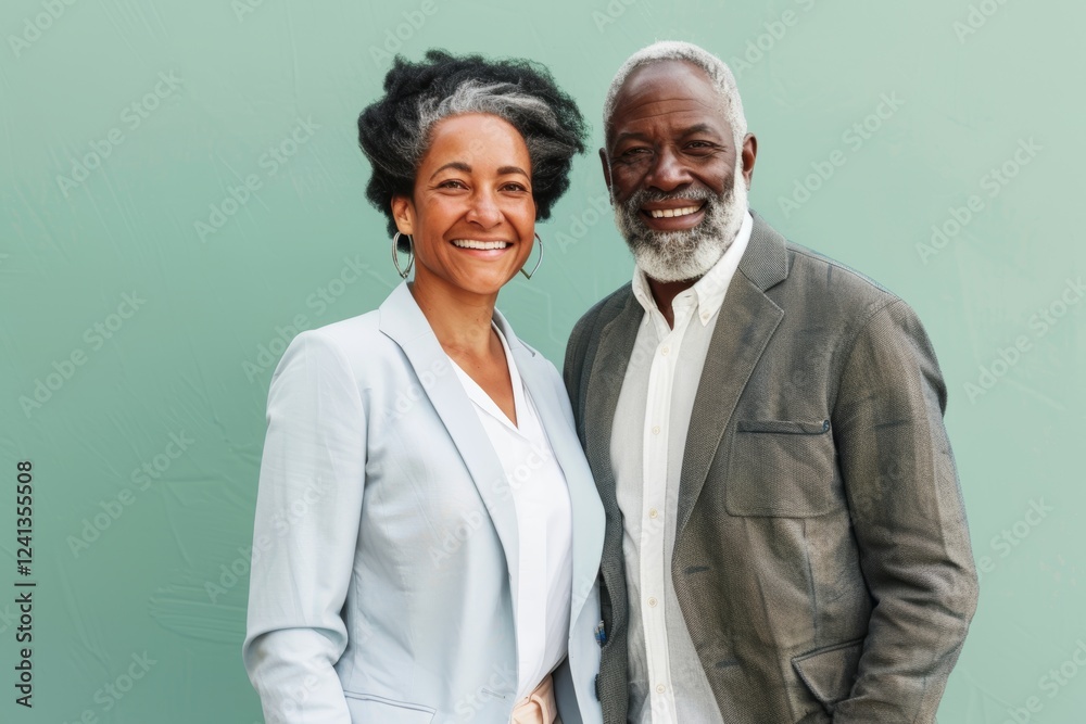 Portrait of a joyful mixed race couple in their 50s dressed in a stylish blazer while standing against pastel green background Portrait of a joyful mixed race couple in their 50s dressed in a stylish blazer while standing against pastel green background