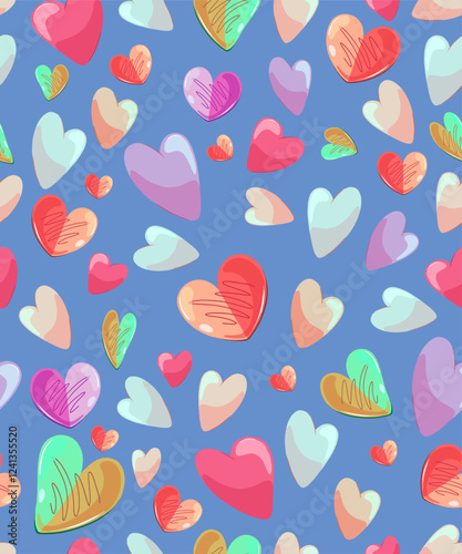 Seamless background with cute hearts in red, pink and pastel colors from a set of romantic greeting art for your loved ones on Valentine's Day. Vector.