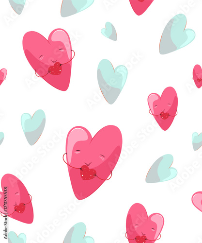 Seamless background with cute hearts in red, pink and pastel colors from a set of romantic greeting art for your loved ones on Valentine's Day. Vector.