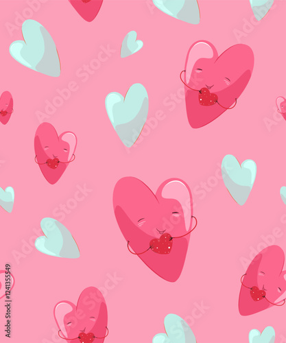 Seamless background with cute hearts in red, pink and pastel colors from a set of romantic greeting art for your loved ones on Valentine's Day. Vector.
