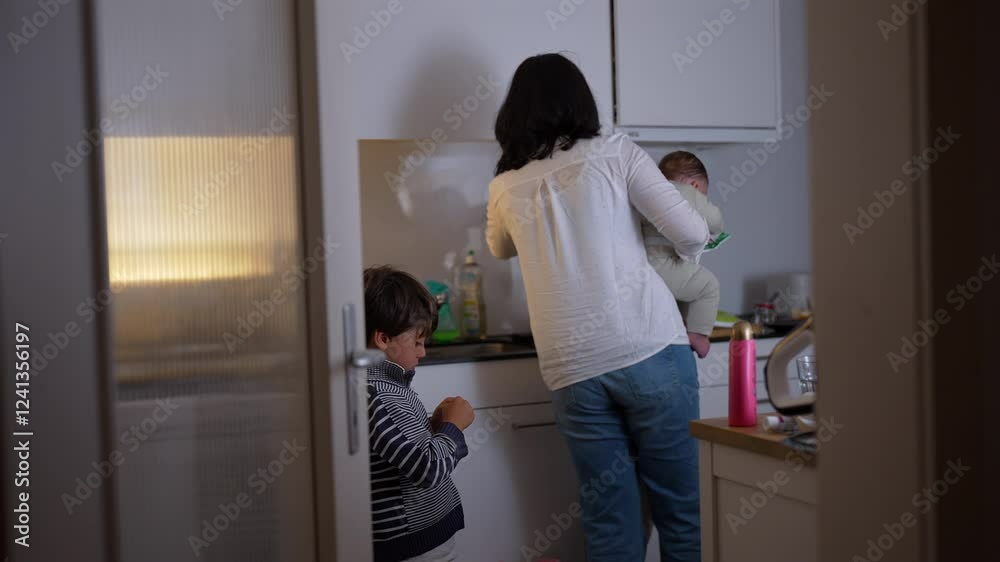 Mother holding baby near kitchen counter, young boy standing nearby holding craft project, family bonding during daily household routine in kitchen setting Mother holding baby near kitchen counter, young boy standing nearby holding craft project, family bonding during daily household routine in kitchen setting