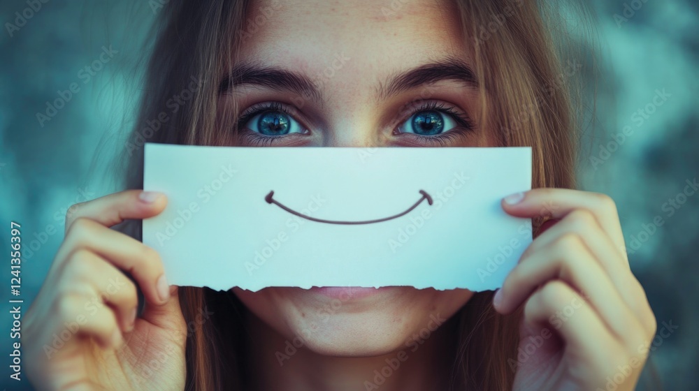 Young woman with long brown hair holding a white paper with a drawn smile, expressing joy and surprise against a soft blue background. Young woman with long brown hair holding a white paper with a drawn smile, expressing joy and surprise against a soft blue background.