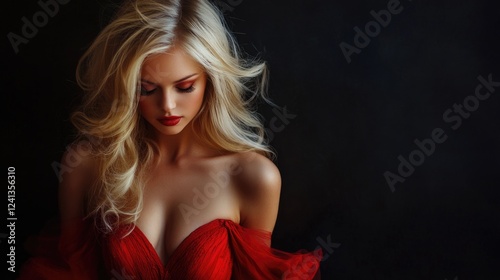 Blonde woman in flowing red dress, soft focus on chest, dramatic black background, elegant pose, sensuous lighting, high fashion beauty concept.