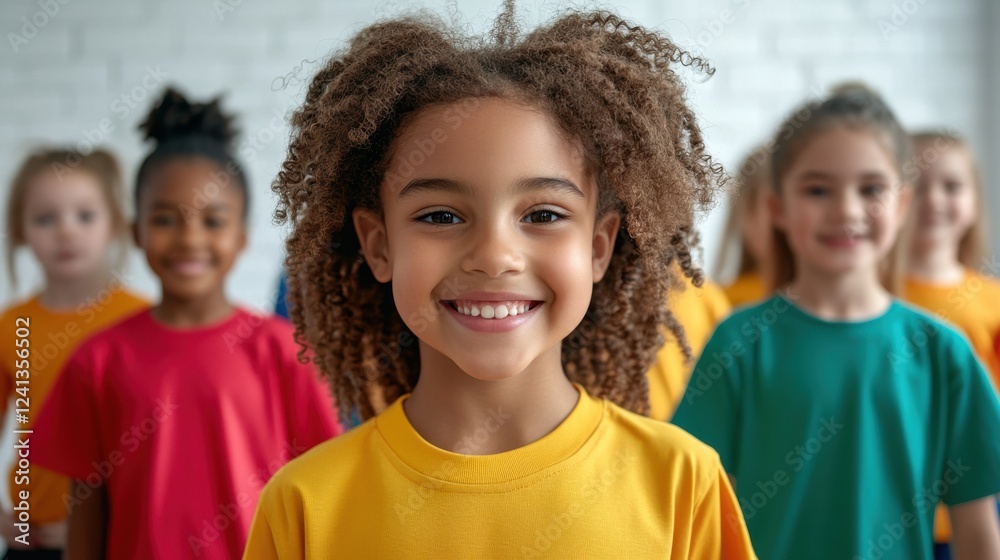 Happy Children in Colorful Shirts at School Program Happy Children in Colorful Shirts at School Program