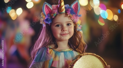 cheerful young girl in vibrant unicorn costume holds tambourine during festive carnival celebration with colorful bokeh lights in background photo