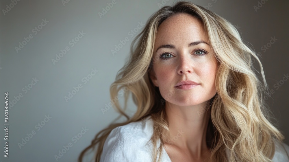 Blonde woman with wavy hair blowing gently in the air, looking directly at the camera in a softly lit indoor setting. Blonde woman with wavy hair blowing gently in the air, looking directly at the camera in a softly lit indoor setting.