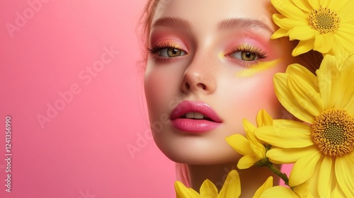 Elegant young woman showcasing vibrant yellow and pink makeup, adorned with fresh yellow flowers against a soft pink background, ideal for beauty promotions.