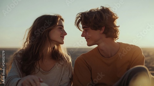 Young couple embracing romantic moment while sitting on sandy beach at sunset with warm golden light casting soft glow on their faces photo