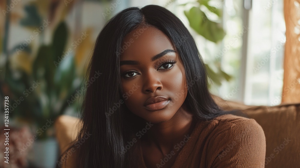 Obraz premium Thoughtful Black woman with long straight hair wearing brown sweater indoors surrounded by greenery and soft natural light.