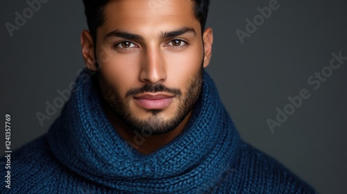 handsome biracial man with olive skin and thick dark hair wearing a cozy blue sweater posing confidently against a dark grey background