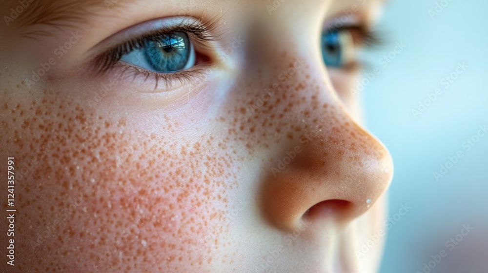 Fototapeta premium Close-up of a child's freckled face with bright blue eyes, showcasing facial features and textures, soft natural light ambiance.