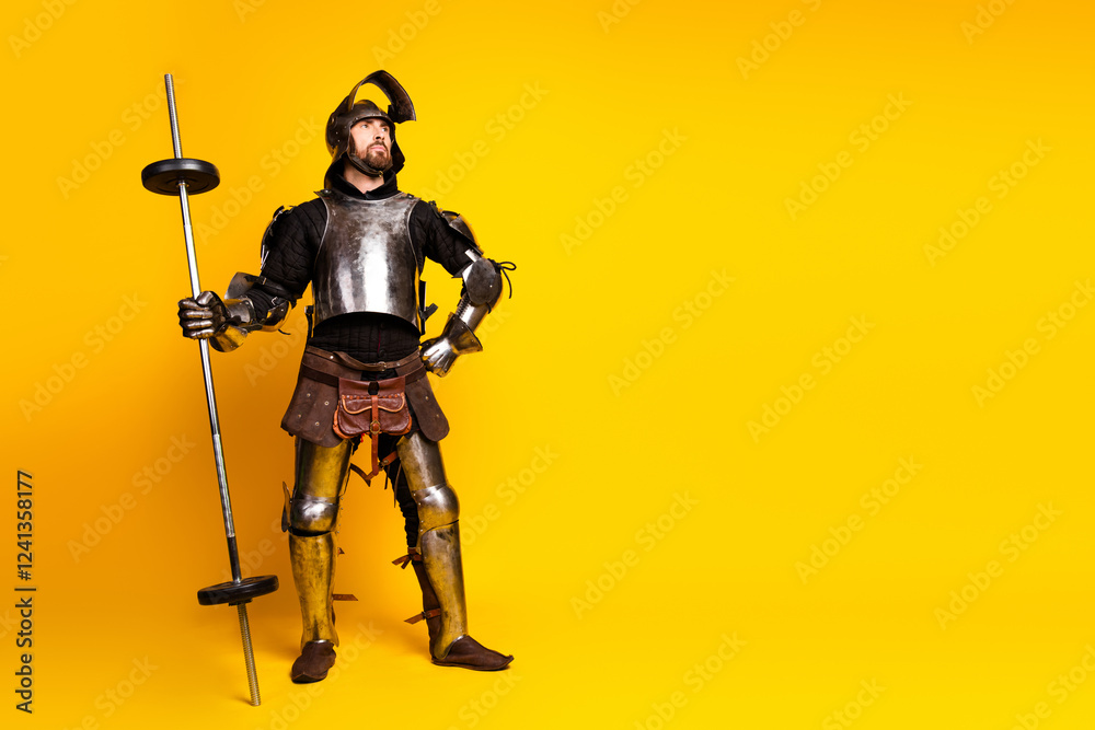 Medieval knight in full armor holding modern gym equipment against vibrant yellow background Medieval knight in full armor holding modern gym equipment against vibrant yellow background
