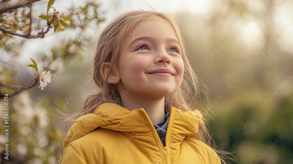 Cheerful young girl with long light brown hair smiling in a vibrant yellow jacket under blooming spring flowers in an outdoor setting. Cheerful young girl with long light brown hair smiling in a vibrant yellow jacket under blooming spring flowers in an outdoor setting.