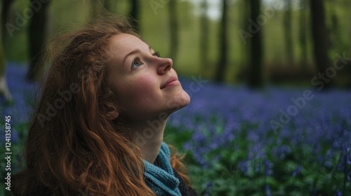 Young woman with curly red hair gazing upwards in bluebell woods of Pateley Bridge surrounded by lush green foliage in Yorkshire Dales photo