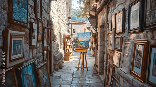 Photo of an alleyway in the ancient city center, walls covered with framed pictures and art pieces
