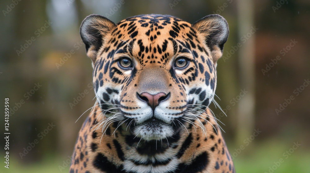 Fototapeta premium Majestic jaguar with striking coat and intense gaze, showcasing its powerful presence in natural setting. This big cat embodies strength and beauty
