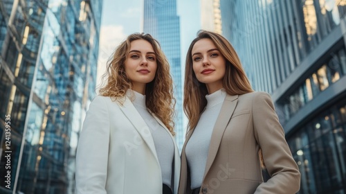 Two professional businesswomen posing confidently in stylish formal attire against a backdrop of skyscrapers in a vibrant downtown setting with reflections. photo