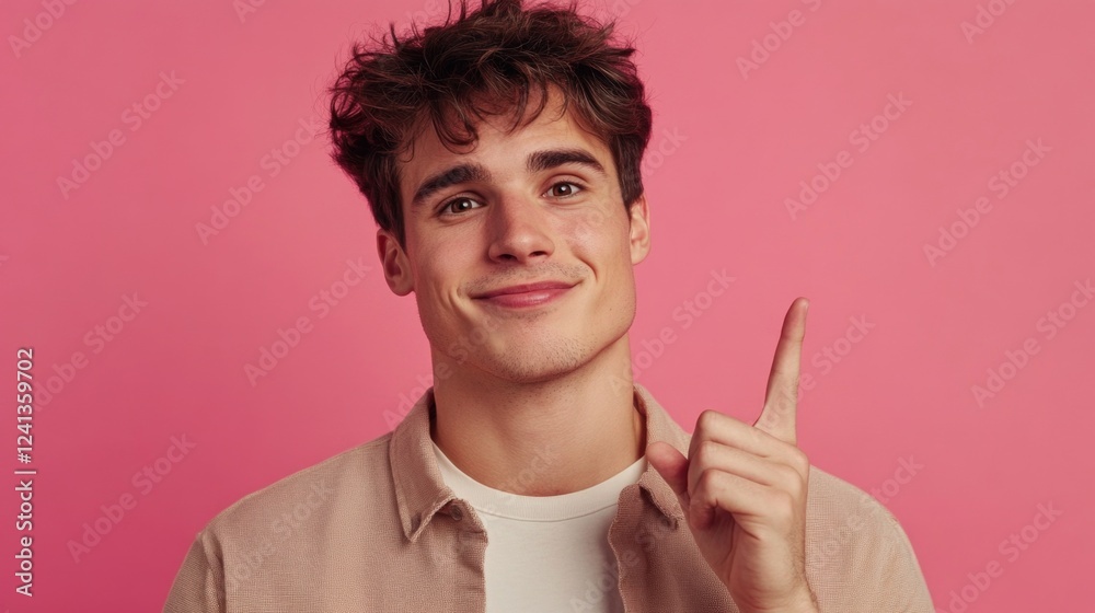 Obraz premium Cheerful young adult man with tousled dark hair smiling and pointing upward against a vibrant pink background, showcasing positivity and creativity.