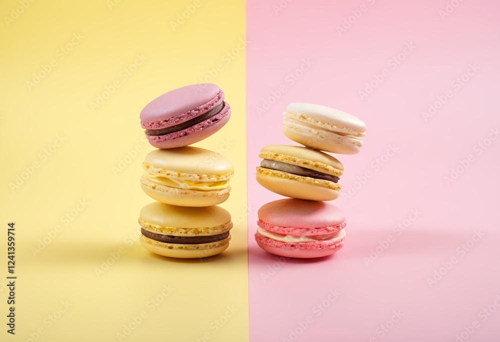 Three macarons with a yellowish and pinkish background Three macarons with a yellowish and pinkish background