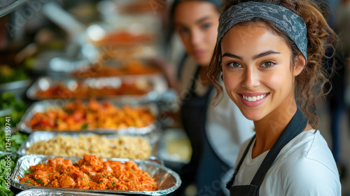 A joyful woman stands in a food service setting, showcasing a variety of colorful dishes in foil containers, creating a warm and inviting atmosphere.