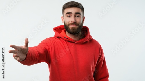 Sporty 30-year-old man with beard wearing a red hoodie gesturing invitingly over white background expressing happiness and friendliness photo