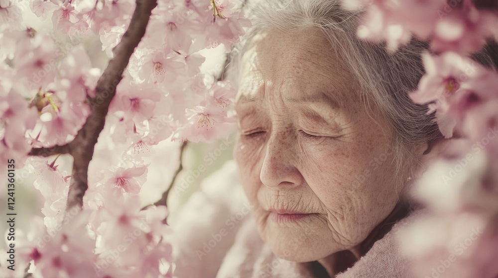 Fototapeta premium Elderly woman beneath cherry blossom tree in soft light