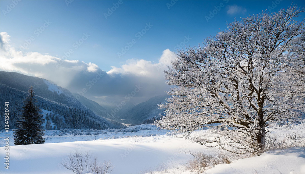 Fototapeta premium a snowy landscape with a tree within the foreground